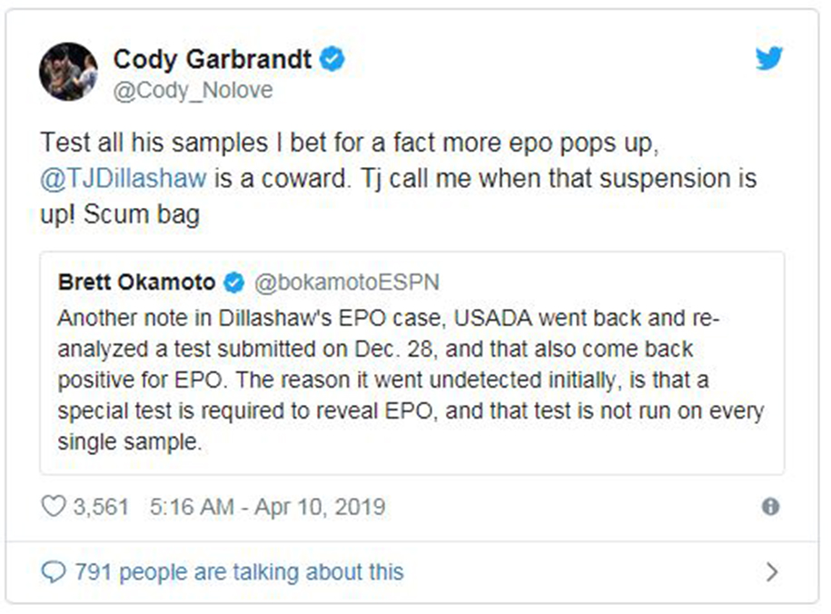 Cody Garbrandt phang TJ Dillashaw thẳng tay trên Twitter sau vụ chất cấm Cody Garbrandt phang TJ Dillashaw thẳng tay trên Twitter sau vụ chất cấm